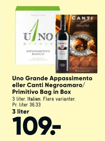 Bilka Uno Grande Appassimento eller Canti Negroamaro/ Primitivo Bag in Box tilbud