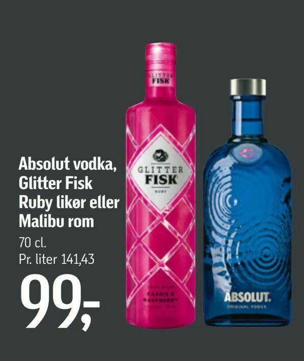 Absolut vodka, Glitter Fisk Ruby likør eller Malibu rom tilbud hos Føtex