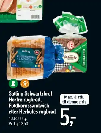 Føtex Salling Schwartzbrot, Hørfrø rugbrød, Fuldkornssandwich eller Herkules rugbrød tilbud