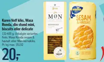 Føtex Karen Volf kiks, Wasa Runda, din stund mini, biscuits eller delicate tilbud