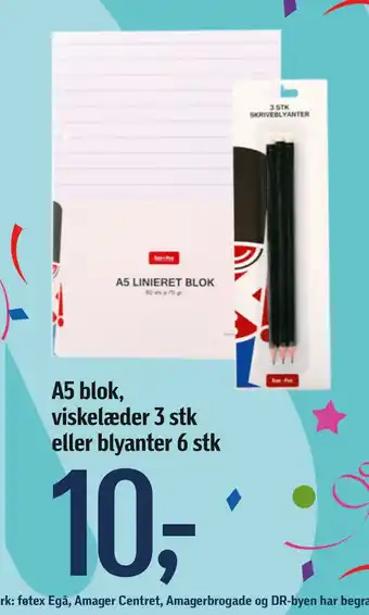 Føtex A5 blok, viskelæder 3 stk eller blyanter 6 stk tilbud