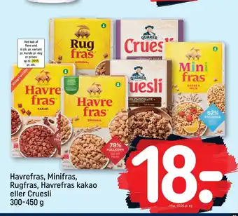 Rema 1000 Havrefras, Minifras, Rugfras, Havrefras kakao eller Cruesli 300-450 g tilbud