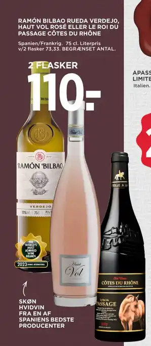 MENY RAMÓN BILBAO RUEDA VERDEJO, HAUT VOL ROSÉ ELLER LE ROI DU PASSAGE CÔTES DU RHÔNE tilbud