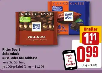REWE DE Ritter Sport Schokolade Nuss- oder Kakaoklasse tilbud
