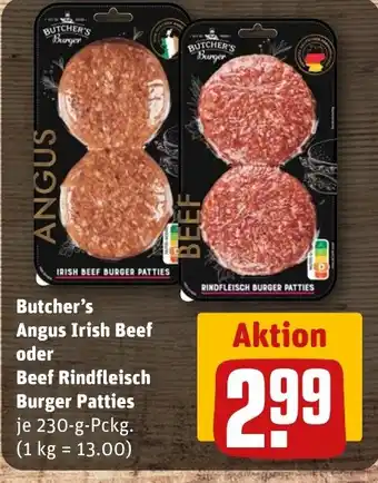 REWE Butcher's Angus Irish Beef oder Beef Rindfleisch Burger Patties tilbud