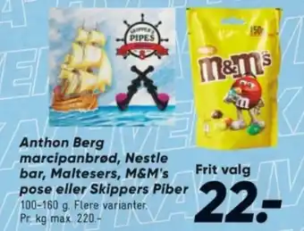 Bilka Anthon Berg marcipanbrød, Nestle bar, Maltesers, M&M's pose eller Skippers Piber tilbud