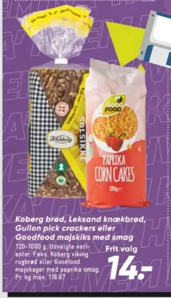 Bilka Koberg brød, Leksand knækbrød, Gullon pick crackers eller Goodfood majskiks med smag tilbud