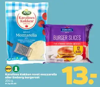 Netto Karolines Køkken revet mozzarella eller Emborg burgerost tilbud