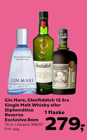 Kvickly Gin Mare, Glenfiddich 12 års Single Malt Whisky eller Diplomático Reserva Exclusiva Rom tilbud