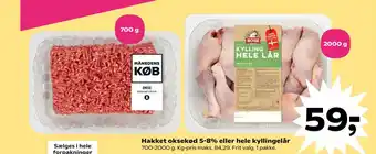 Kvickly Hakket oksekød 5-8% eller hele kyllingelår tilbud