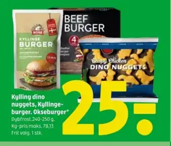 Coop 365 Kylling dino nuggets, Kyllinge- burger. Okseburger tilbud