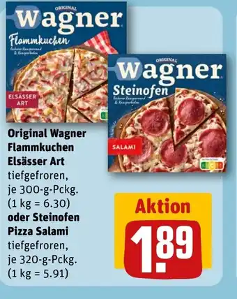 REWE DE Original Wagner Flammkuchen Elsässer Art oder Steinofen Pizza Salami tilbud