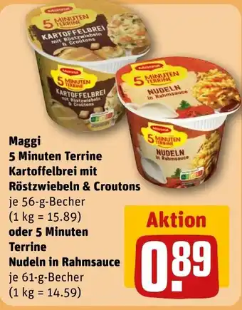 REWE DE Maggi 5 Minuten Terrine Kartoffelbrei mit Röstzwiebeln & Croutons oder 5 Minuten Terrine Nudeln in Rahmsauce tilbud