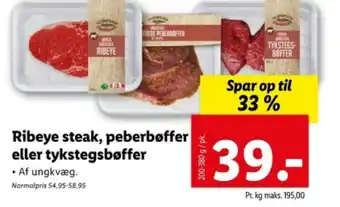 Lidl Ribeye steak, peberbøffer eller tykstegsbøffer tilbud