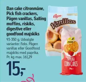 Føtex Dan cake citronmåne, Pick fish crackers, Pågen vanillas, Salling muffins, riskiks, digestive eller goodfood majskiks tilbud