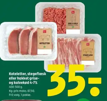 Koteletter, stegeflæsk eller hakket grise- og kalvekød 4-7%