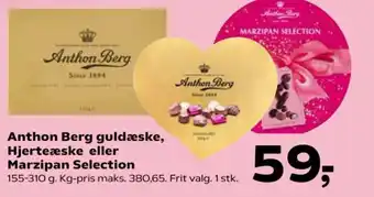 Kvickly Anthon Berg guldæske, Hjerteæske eller Marzipan Selection tilbud