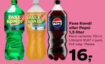 Kvickly Faxe Kondi eller Pepsi 1,5 liter tilbud