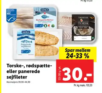 Torske-, rødspætte- eller panerede sejfileter