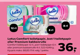 SuperBrugsen Lotus Comfort toiletpapir, Just 1 toiletpapir eller Premium køkkenrulle tilbud