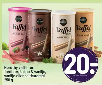 Rema 1000 Nordthy vaffelrør Jordbær, kakao & vanilje, vanilje eller saltkaramel 250 g tilbud