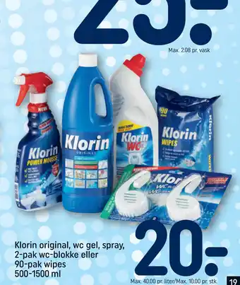 REMA 1000 Klorin original, wc gel, spray, 2-pak wc-blokke eller 90-pak wipes 500-1500 ml tilbud