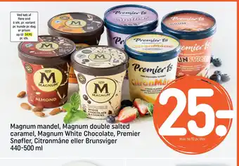 Rema 1000 Magnum mandel, Magnum double salted caramel, Magnum White Chocolate, Premier Snøfler, Citronmåne eller Brunsviger 440-500 ml tilbud