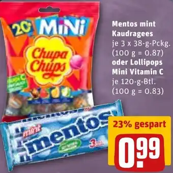 REWE DE Mentos Mint Kaudragees Oder Lollipops Mini Vitamin C tilbud