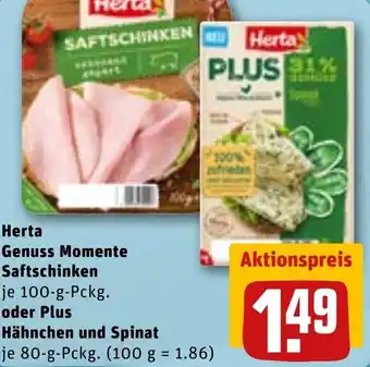 REWE DE Herta Genuss Momente Saftschinken Oder Plus Hähnchen Und Spinat 80g tilbud