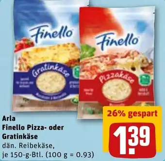 REWE DE Arla Finello Pizza-Oder Gratinkäse 150g tilbud