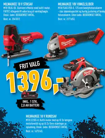 Johannes Fog Milwaukee 18 V Stiksav, Milwaukee 18V Vinkelsliber, Milwaukee 18 V Rundsav tilbud