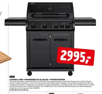 jem & fix GASGRILL MED 4 BRÆNDERE OG GLASLÅG + POWER BURNER tilbud
