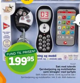 Sæt med talende fjernbetjening og mobiltelefon samt bilnøgler med lys/lyde