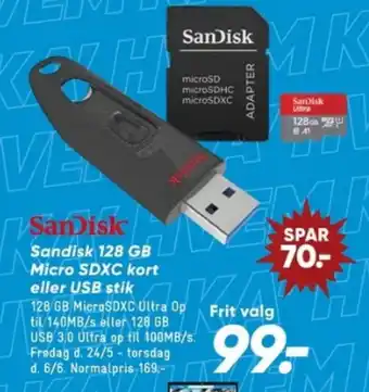 Bilka Sandisk 128 GB Micro SDXC kort eller USB stik tilbud