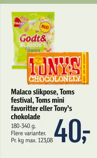 Føtex Malaco slikpose, Toms festival, Toms mini favoritter eller Tony's chokolade tilbud
