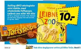 Bilka Salling ØKO økologiske mini riskiks med chokolade,Toffypops, Leibniz zoo eller Hit kiks tilbud
