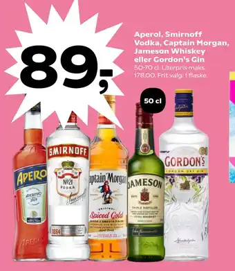 Aperol, Smirnoff Vodka, Captain Morgan, Jameson Whiskey eller Gordon's Gin