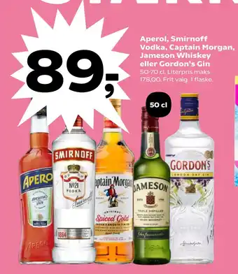 Kvickly Aperol, Smirnoff Vodka, Captain Morgan, Jameson Whiskey eller Gordon's Gin tilbud