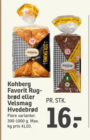 SPAR Kohberg Favorit Rugbrød eller Velsmag Hvedebrød tilbud