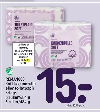 REMA 1000 REMA 1000 Soft køkkenrulle eller toiletpapir 3-lags tilbud
