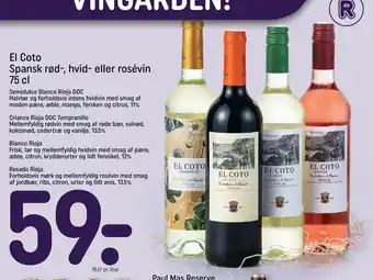 REMA 1000 El Coto Spansk rød-, hvid- eller rosévin 75 cl tilbud