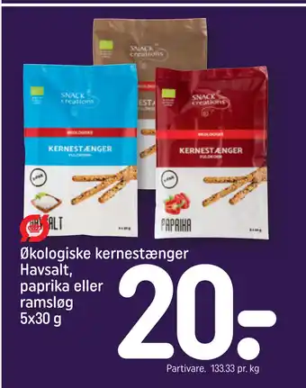 REMA 1000 Økologiske kernestænger Havsalt, paprika eller ramsløg 5x30 g tilbud