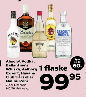 Absolut Vodka, Ballantine's Whisky, Aalborg Export, Havana Club 3 års eller Malibu Rom