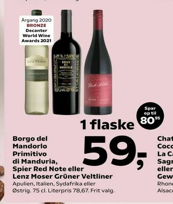 SuperBrugsen Borgo del Mandorlo Primitivo di Manduria, Spier Red Note eller Lenz Moser Grüner Veltliner tilbud