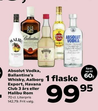 SuperBrugsen Absolut Vodka, Ballantine's Whisky, Aalborg Export, Havana Club 3 års eller Malibu Rom tilbud