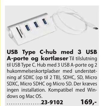 USB Type C-hub med 3 USB A-porte og kortlæser