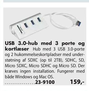 Biltema USB 3,0-hub med 3 porte og kortlæser tilbud