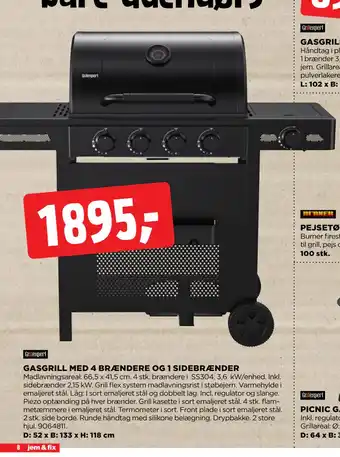 jem & fix GASGRILL MED 4 BRÆNDERE OG 1 SIDEBRÆNDER tilbud