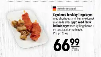 Spyd med fersk kyllingebryst med chorizo-salami, i en mexicansk marinade eller Spyd med fersk kalkunbryst med kyllingebacon i
