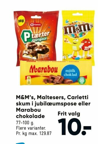 Bilka M&M's, Maltesers, Carletti skum i jubilæumspose eller Marabou chokolade tilbud